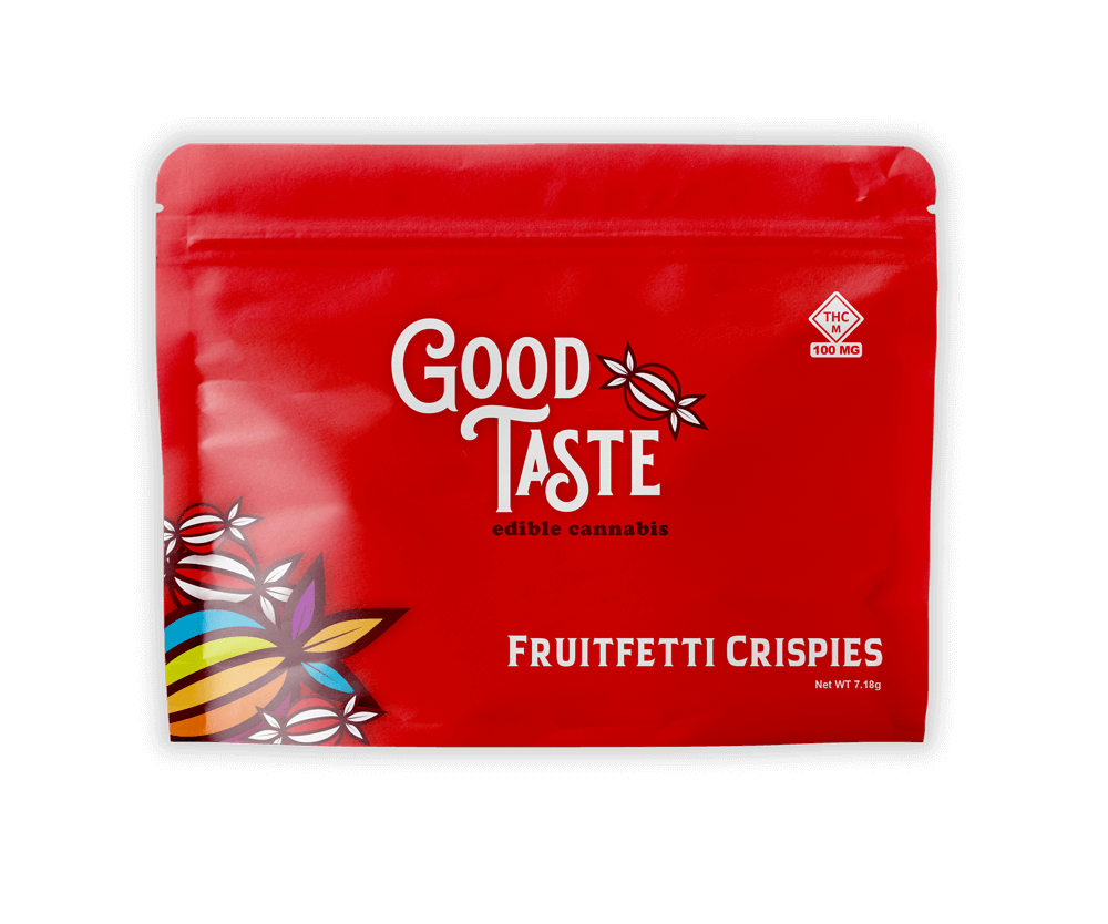 Good Taste Fruitfetti Crispies red mylar bag packaging