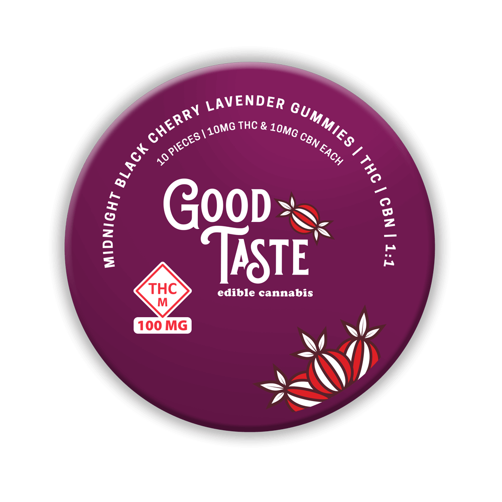 Top-down view of Good Taste Midnight Black Cherry Lavender Gummies | THC | CBN | 1:1 tin