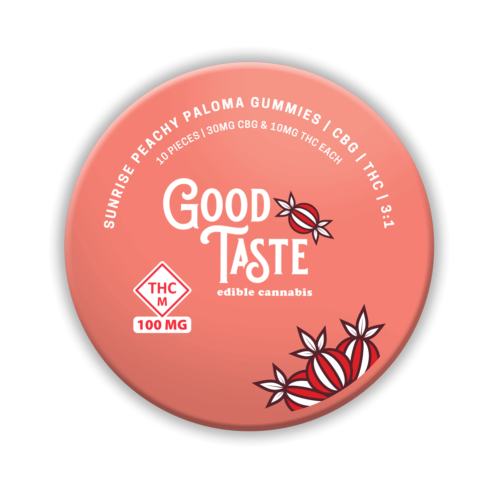 Top-down view of Good Taste Sunrise Peachy Paloma | CBG | THC | 3:1 tin